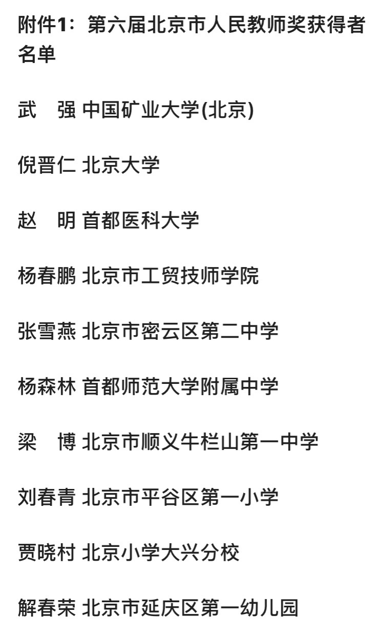 北京市教委等部门发布表彰决定:10人获“北京市人民教师”称号 北京市教委等部门发布表彰决定:10人获“北京市人民教师”称号