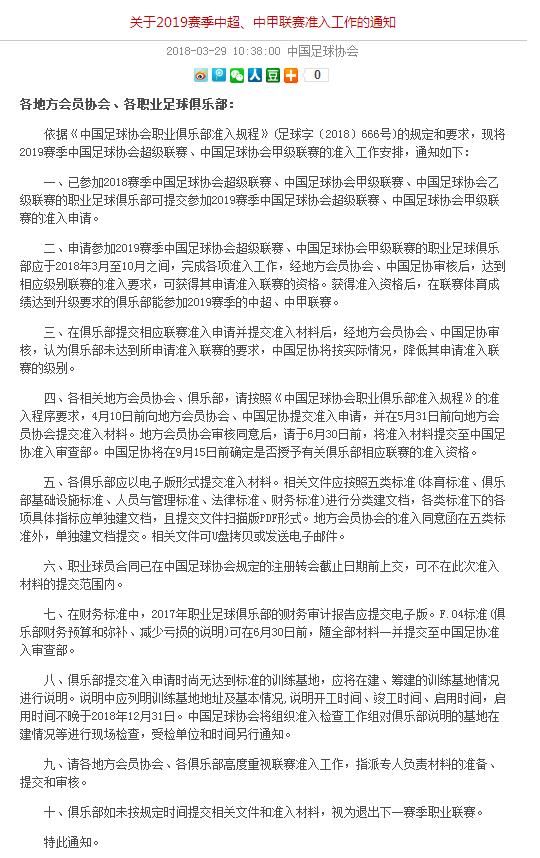 足协通知:正式开始2019赛季中超中甲准入工作