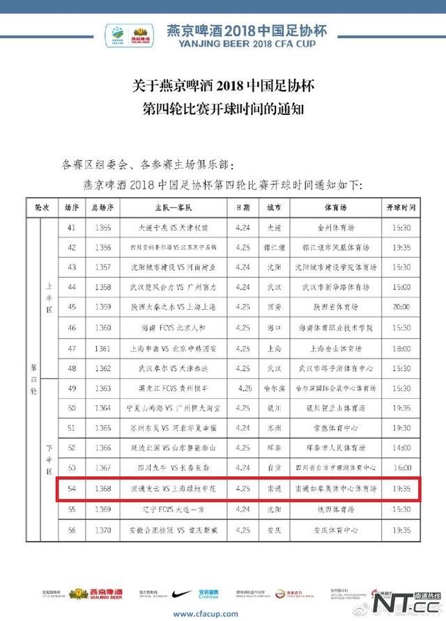 足协杯第四轮开球时间确定,南通支云25日主场
