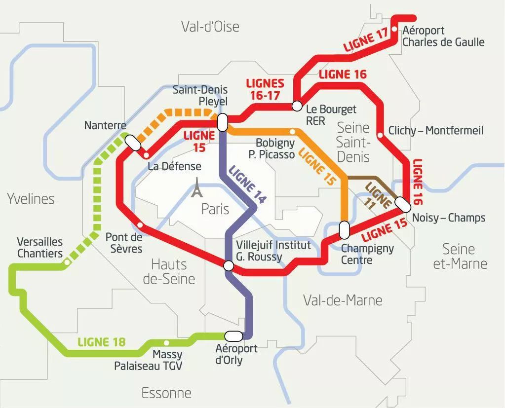 大巴黎交通计划线路图 大巴黎交通计划将新增地铁轨道200公里,新建68