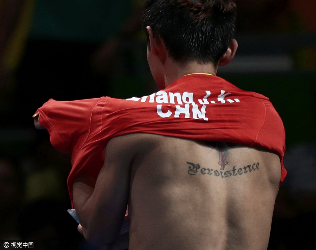 来自于“帝国の猛虎”，你们爱的科科。
全国锦标赛后，为了随时鞭策自己，提醒自己，要飞得更高，要坚信自己有这个能力，就纹了这个鹰，没别的意思。”张继科 说道。而在雄鹰纹身下面还纹着“persistence”的字样，“持之以恒嘛，这是想让自己别泄气”张继科这样说道。