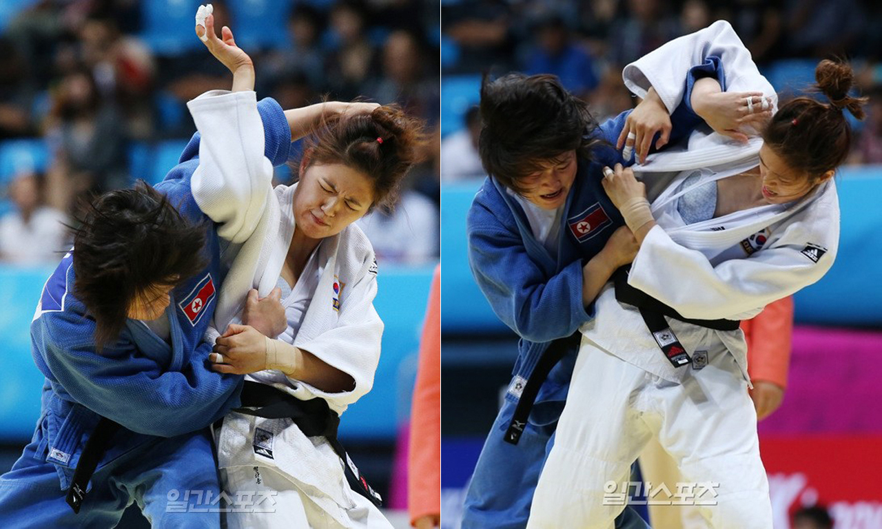 2014年9月23日，仁川亚运会再度上演韩朝对话。在女子柔道团体战四强争夺战中，韩国女队历经五场苦战艰难取胜朝鲜女队。在激烈的对抗中，朝鲜金秀京一个伸手猛拽，直接将韩国丁多云的柔道服拽开，丁多云不仅白T恤被拽开了一个口子，紫色的胸衣也半露出来。