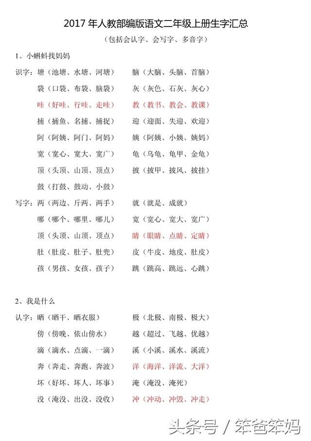 部教版语文二年级上的生字注音、描红、组词、