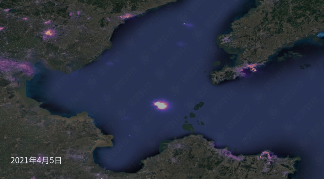 卫星图看中海油渤海油田井喷事故,事发时有明显火点