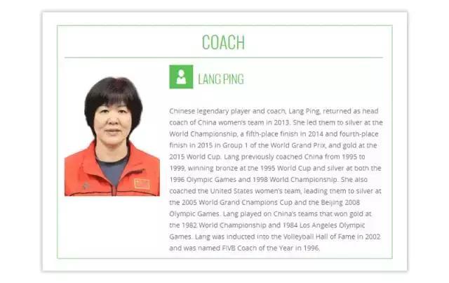 国际排联官网对郎平的介绍，郎平三次执教国家队经历（两次中国，一次美国），奥运会获得一金两银，成绩卓越。