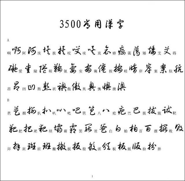 草书3500个常用汉字楷书和草书识别对照表,便