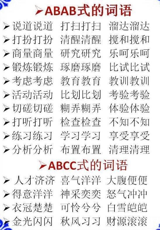 语文老师熬夜整理:小学必考的ABB+AABB+AB