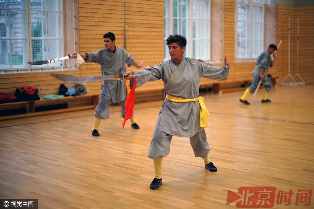 柏林少林文化协会的会员在指导难民小学员练功。