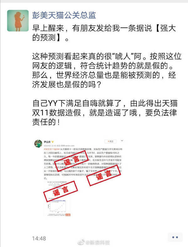 网友质疑天猫双11数据造假 天猫:造谣要负法律责任(图1) 网友质疑天猫双11数据造假 天猫:造谣要负法律责任(图1)
