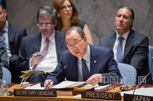 联合国秘书长潘基文在联合国安理会公开辩论中发言.