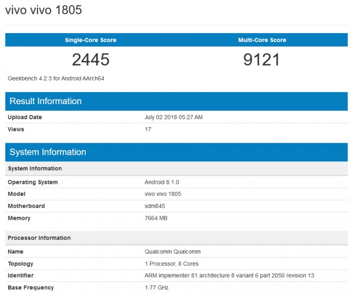 [图]vivo又一款骁龙845旗舰现身:单核2445 多核