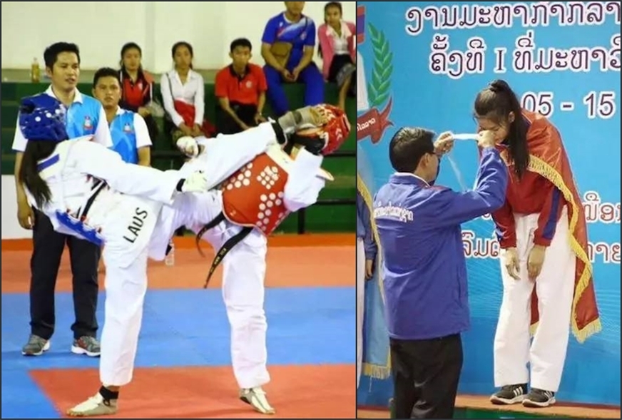 其次，这位小姐姐还热爱运动，居然是跆拳道黑带选手。在老挝第一届大学生运动会女子跆拳道比赛中，她一路过关斩将，最终夺得了金牌。这双大长腿不光能走T台，还能踢人哦！