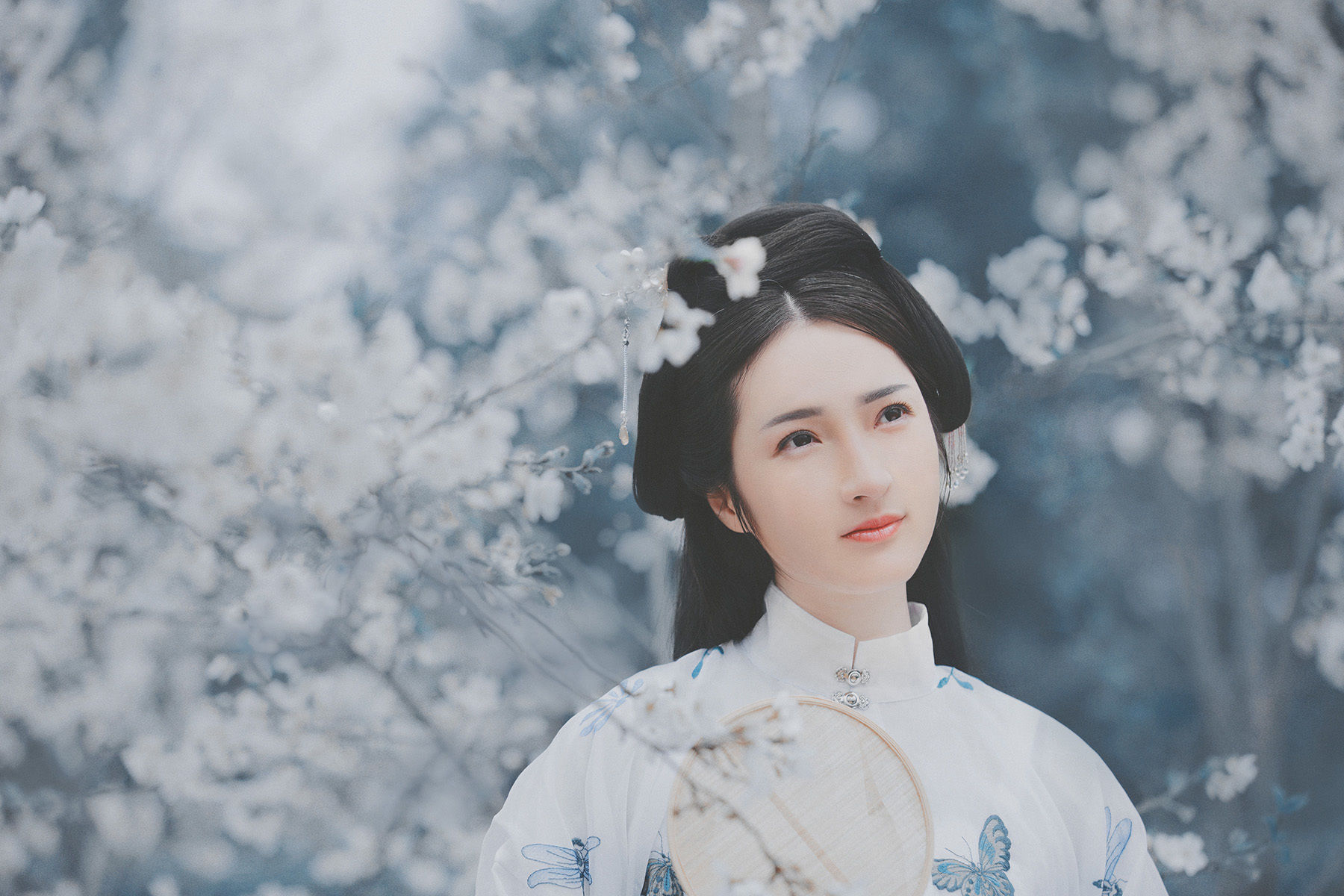 汉服:翠屏金屈曲,醉入花丛宿;此度见花枝,白头誓