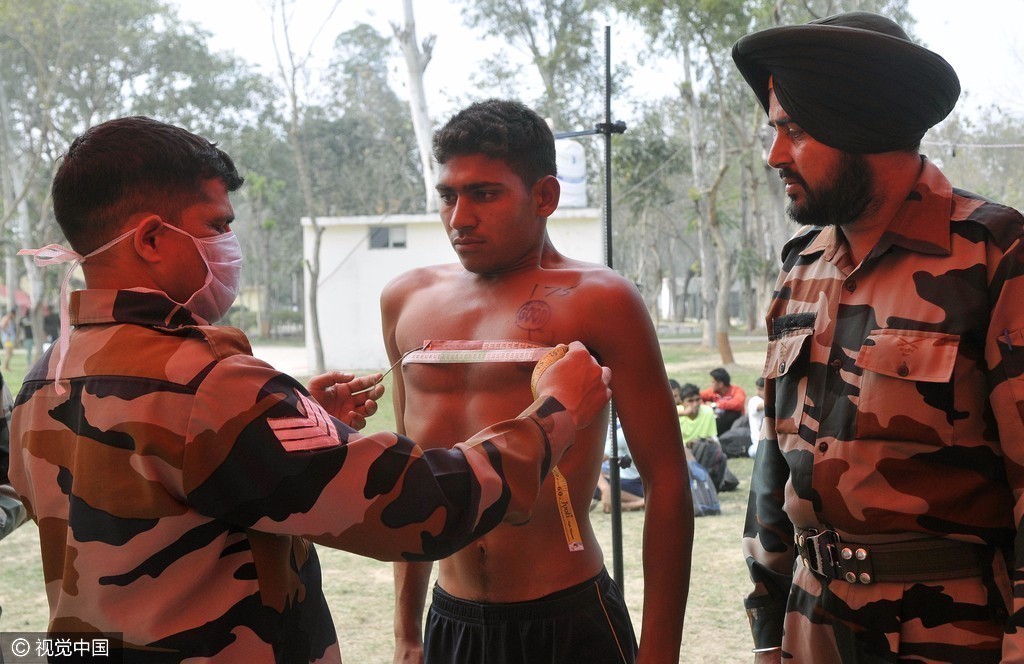 印度征兵体能测验 量三围胸前盖印章