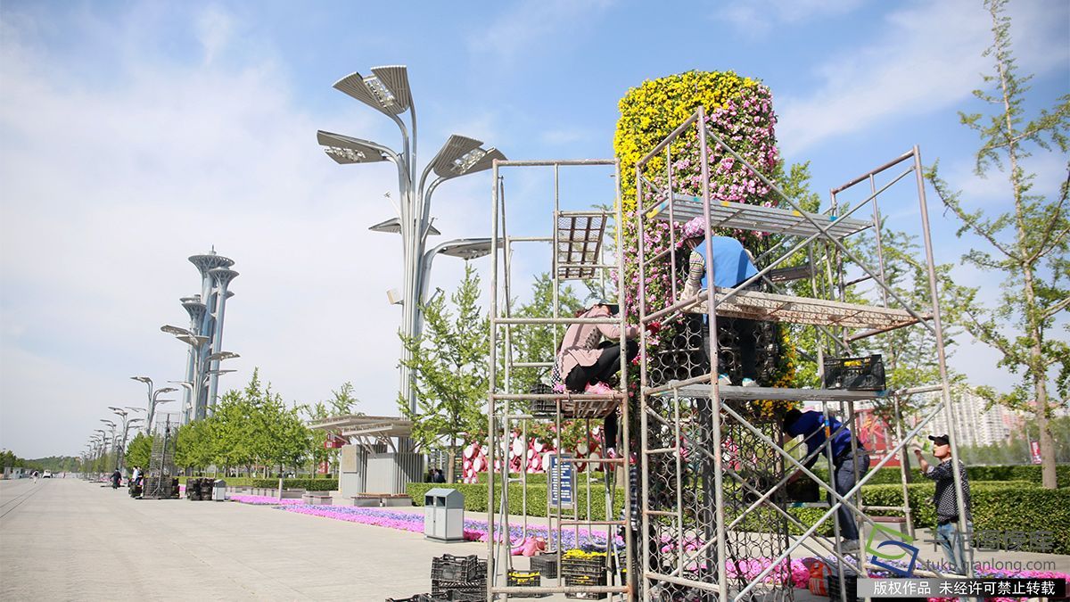 4月27日,工人们在北京奥林匹克公园内加紧布置花柱。迎接即将在北京召开的“一带一路”国际合作高峰论坛(图片来源:tuku.qianlong.com)。千龙网记者 陈健男摄