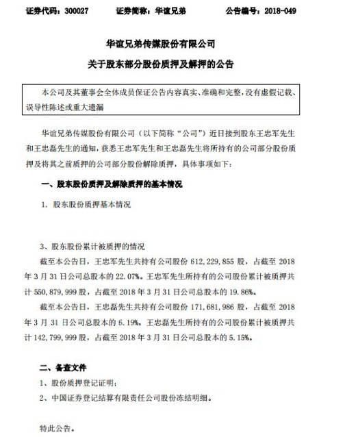 华谊兄弟王中军王中磊为何质押全部身家,真相