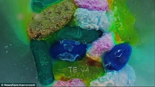 视频的最后，拍摄者将各种药片一起放进水里，当各类药片一同开始溶解时，水中呈现出斑斓的色彩。