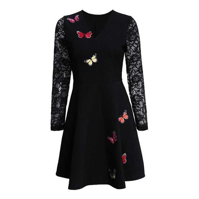 气质淑女V领勾花镂空蕾丝连衣裙,遮肚显瘦,年