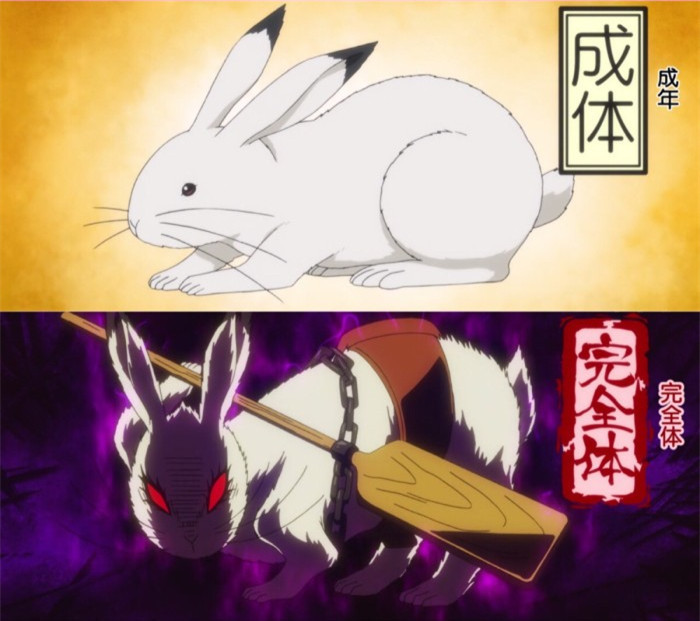 在日本漫画《鬼灯的冷彻》中的“芥子小姐”，平时也是一只白白嫩嫩的小兔子。
但是因为非常痛恨狸猫，所以一听到“狸猫”这个词时，就会瞬间变身，进入暴走状态。
这个“变身”属性可以说和“兔子观音”是一模一样……