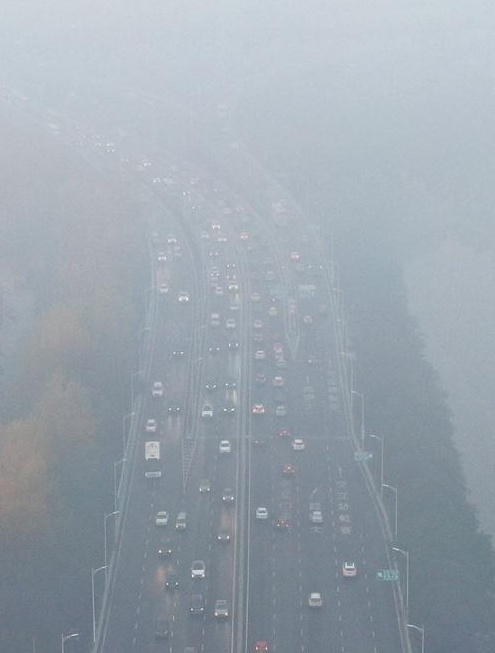11月26日，全国多地出现大雾天气，影响市民出行。中央气象台26日晨通报，全国多地出现低能见度的大雾天气，江苏中南部、浙江北部、安徽南部等地能见度不足500米，局地能见度不足50米。图为江苏南京车辆在大雾笼罩的道路上行驶。