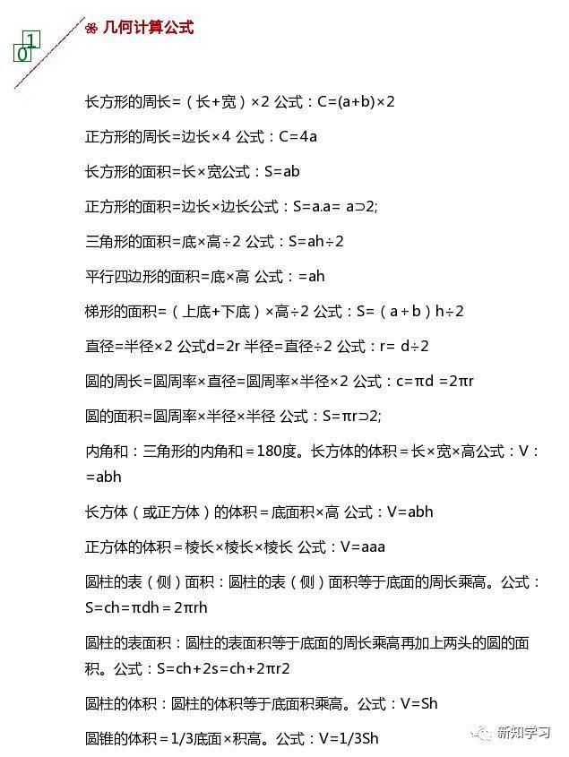 小学数学:1-6年级公式+顺口溜,寒假挨个儿考