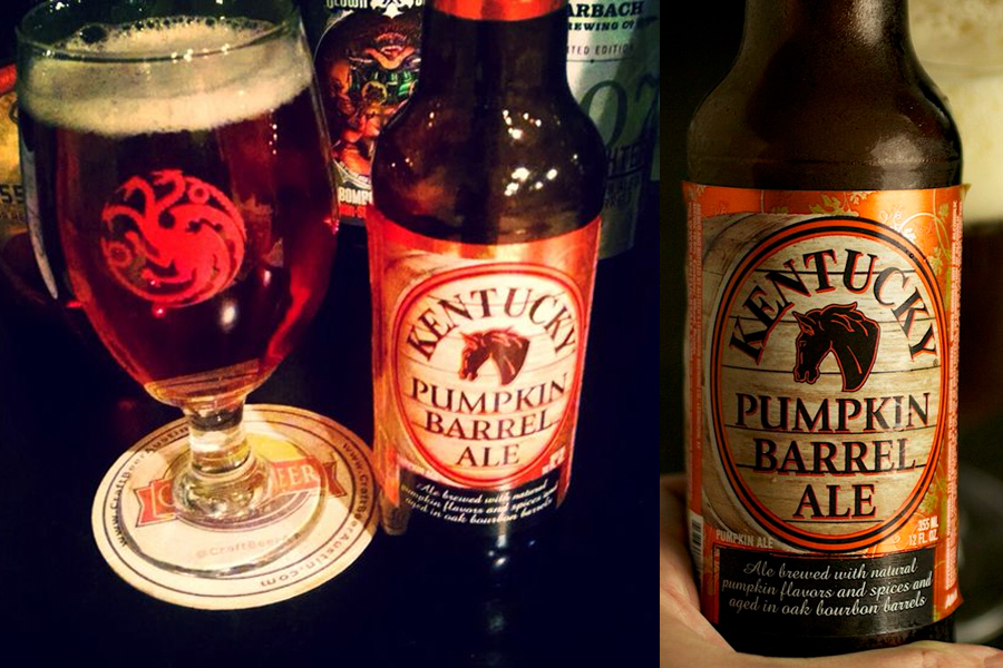 3.肯德基南瓜爱尔啤酒(Kentucky Pumpkin Barrel Ale)吃过南瓜饼,见过南瓜灯,喝过南瓜啤酒的人还是少数吧。爱尔啤酒(Ale)的口感通常比较浓烈,像这款南瓜甜味就特别厚重。如果你喜欢吃南瓜、喝南瓜汤,不妨可以试一试。不过它的酒精浓度有10度之高,女生们自己斟酌一下。