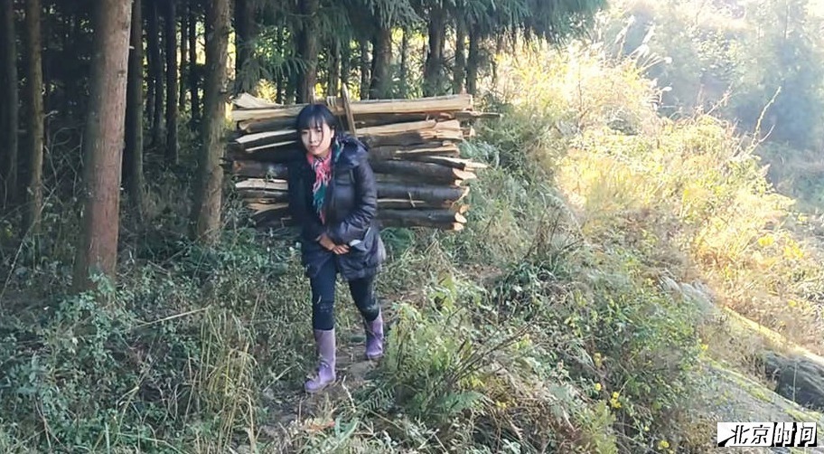 图为背柴中的解古阿星。解古阿星觉得自己没有知识没有文化，也没有什么才艺，只能拍摄一些自己干农活儿的视频发到网上，最后却无意间火了起来。而这些视频都是自己的爸爸妈妈在一旁拍摄的，拍完后经过简单加工，一条条视频便成为“爆款”。