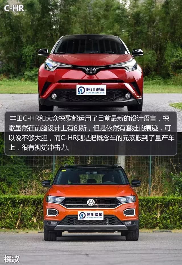 从外观来看,显然丰田的c-hr显得更"出格"一些,而大众在年轻之余还略带