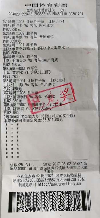 彩民25倍单投拿下竞彩8串1奖金3.55万