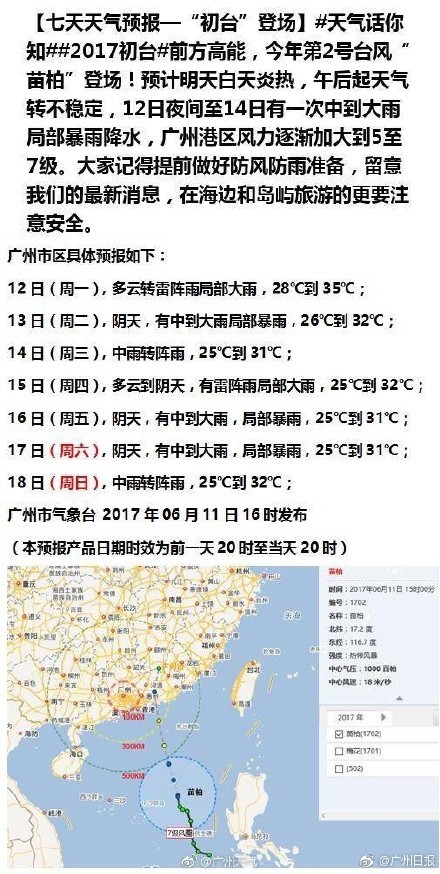 广州天气预报一周:2017年2号台风苗柏影响广