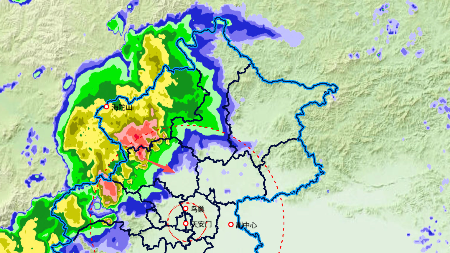 预计未来1小时，北京多区有雷阵雨，伴有6级左右短时大风
