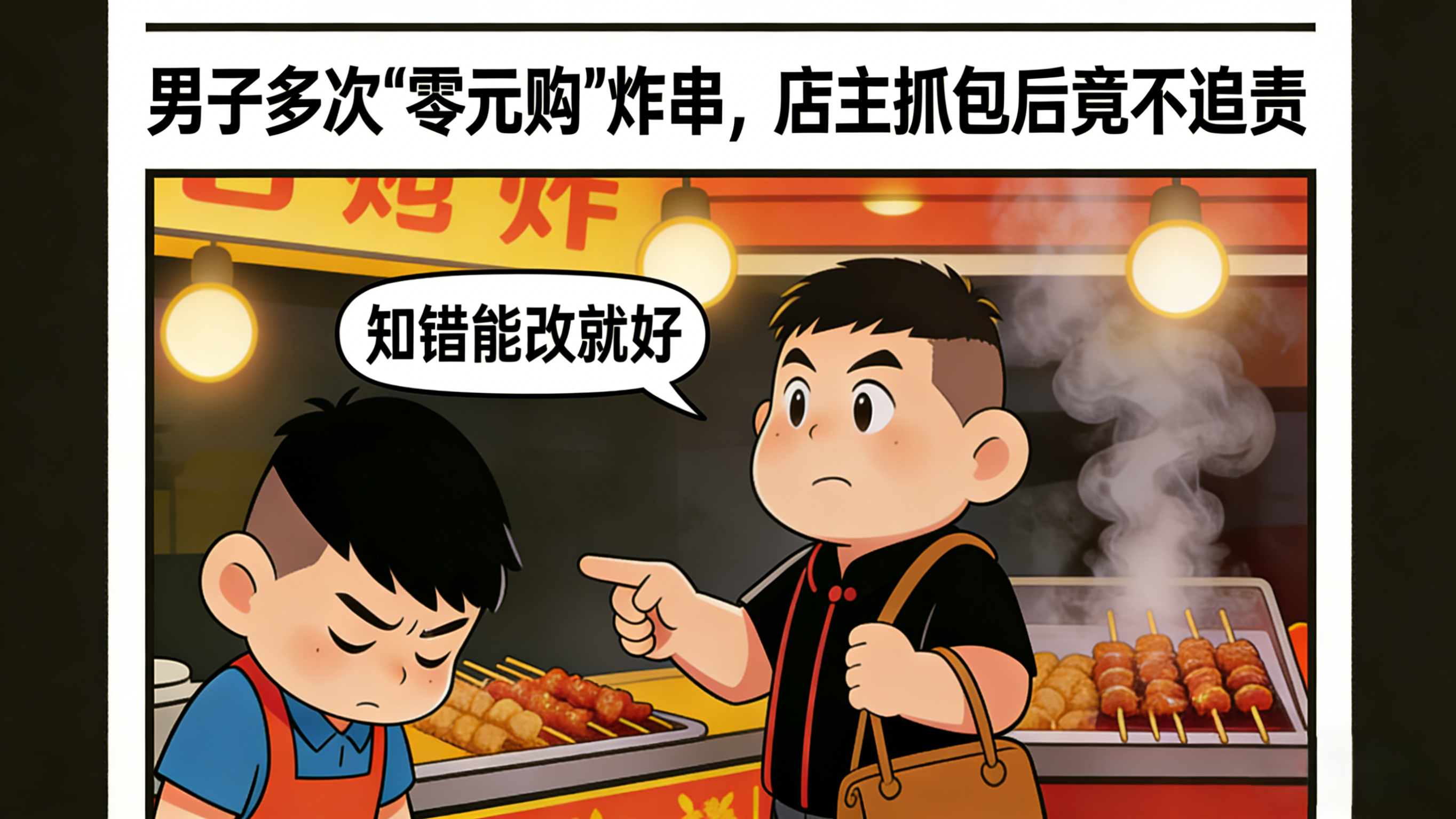 男子多次“零元购”炸串,店主抓包后竟不追责 男子多次“零元购”炸串,店主抓包后竟不追责