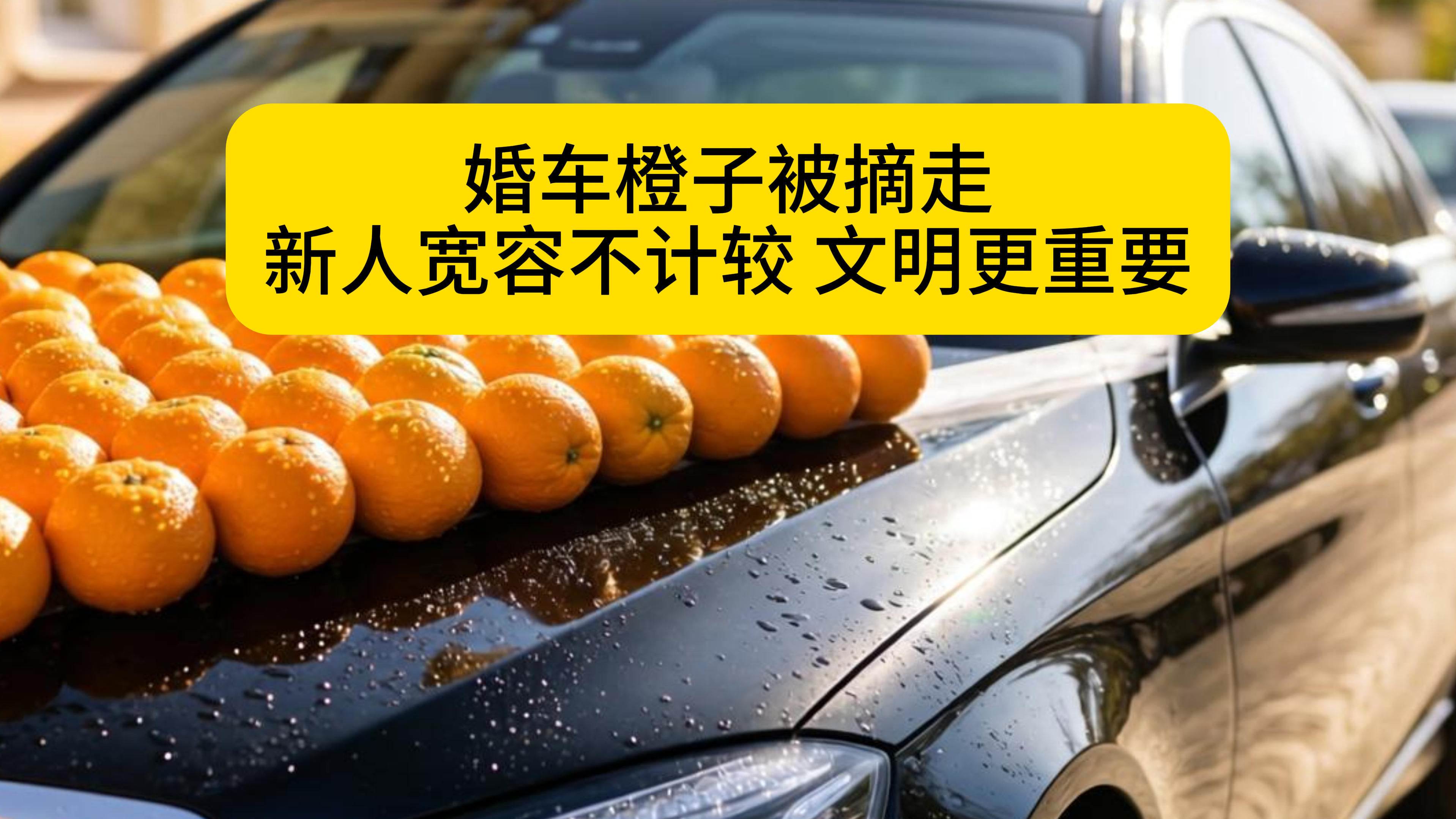 婚车橙子被摘走,新人宽容不计较,文明更重要 婚车橙子被摘走,新人宽容不计较,文明更重要