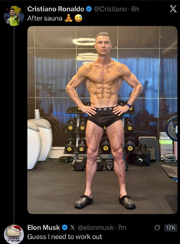 40岁C罗晒“魔鬼身材”照片，马斯克：“我想我需要锻炼一下了”