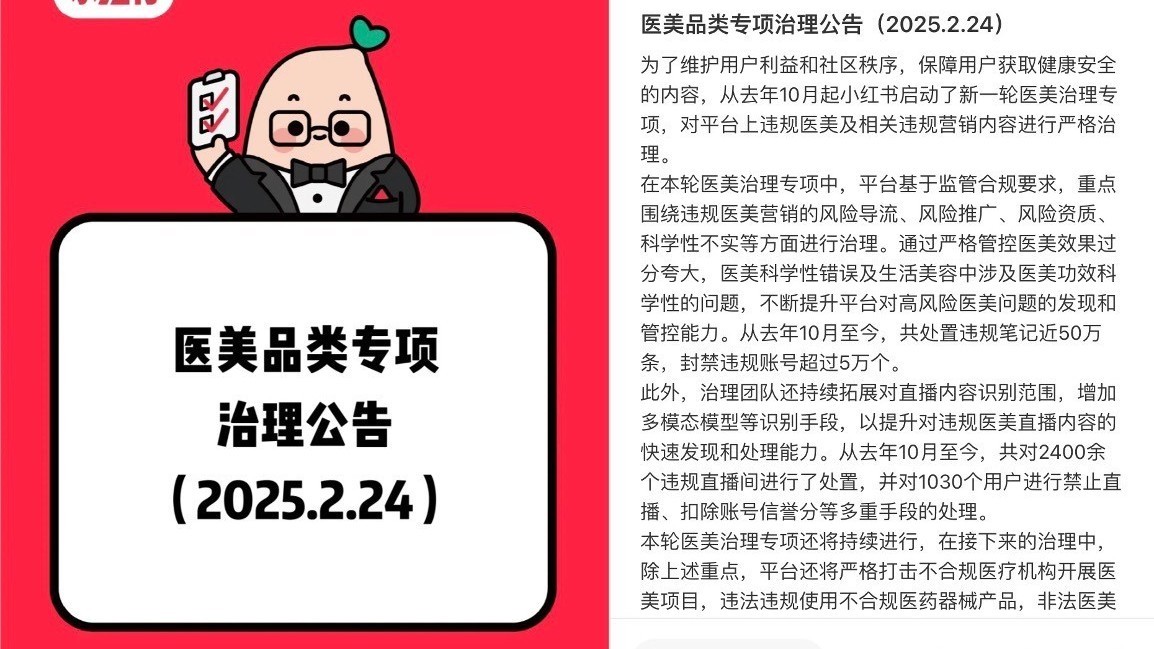 小红书持续从严治理医美： 处置违规笔记50万条，封禁违规账号5万个