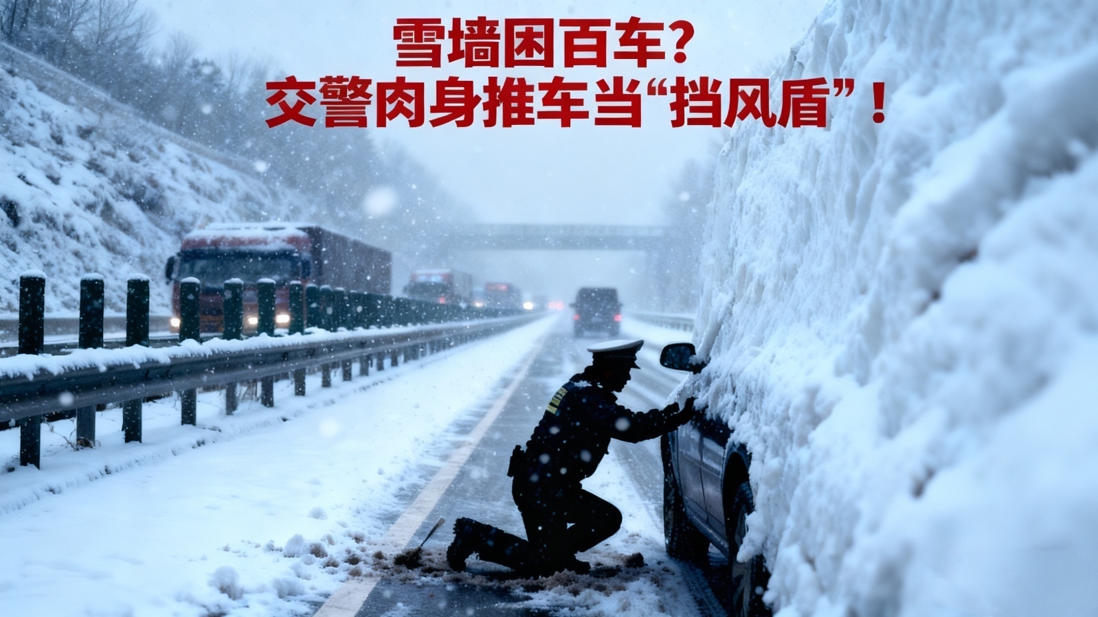 雪墙困百车 交警肉身推车当“挡风盾”！