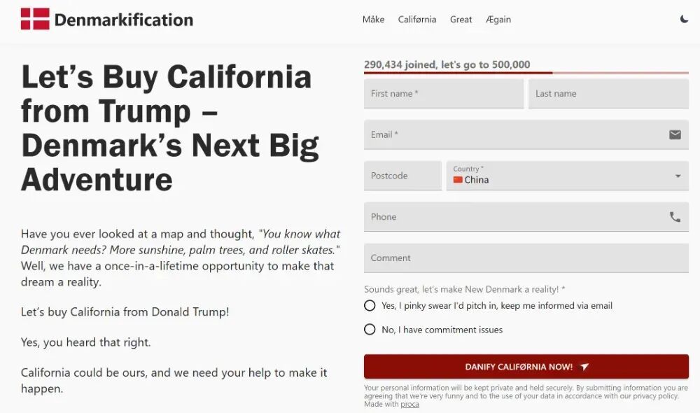 还击美国!近30万网民参与“支持丹麦买下加州”联署 还击美国!近30万网民参与“支持丹麦买下加州”联署