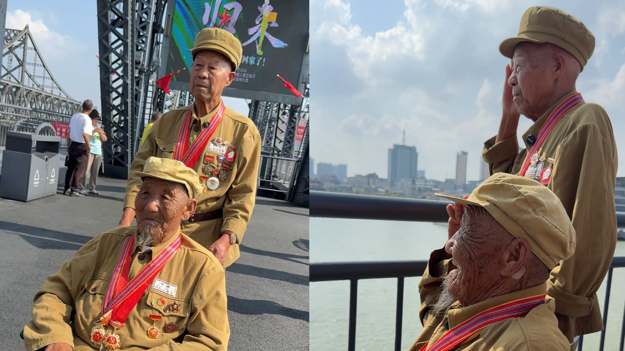 两位九旬志愿军老兵登上丹东的鸭绿江断桥 翘首期盼呼唤牺牲战友