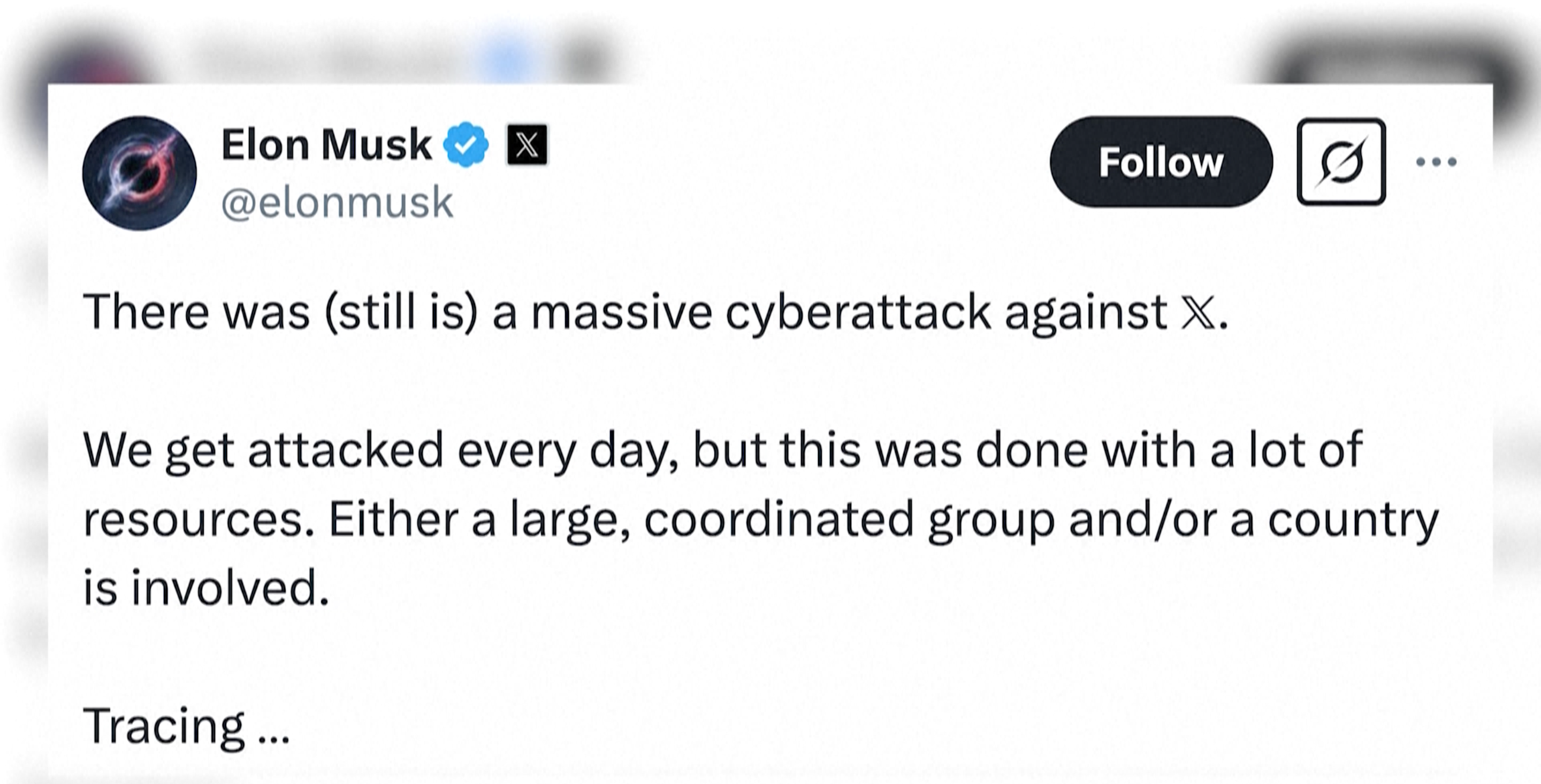 马斯克称其社交媒体平台X遭大规模网络攻击