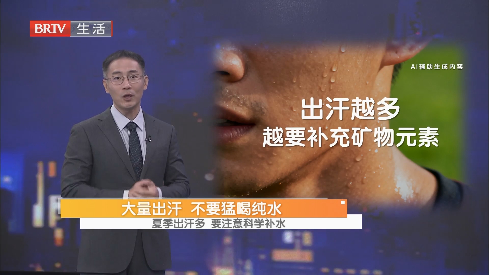 夏季出汗多 要注意科学补水 主动补水 别等口渴才喝 大量出汗 不要猛喝纯水 喝水优选含天然矿物元素的水